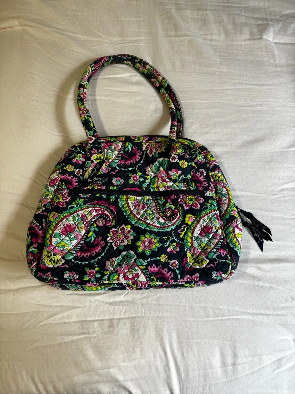 Vera Bradley Black Quilted Satchel with Pink & Green Paisley